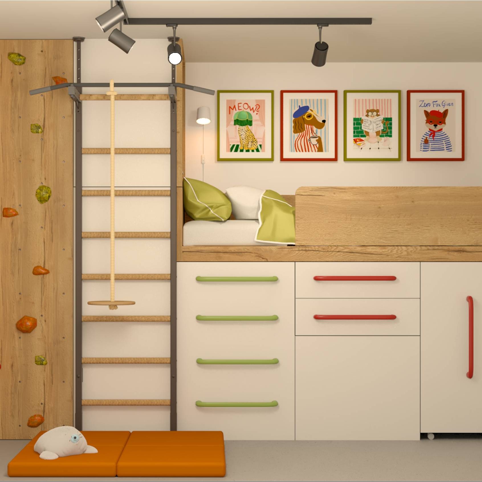 zamaskované schody s posteľou a úložným priestorom