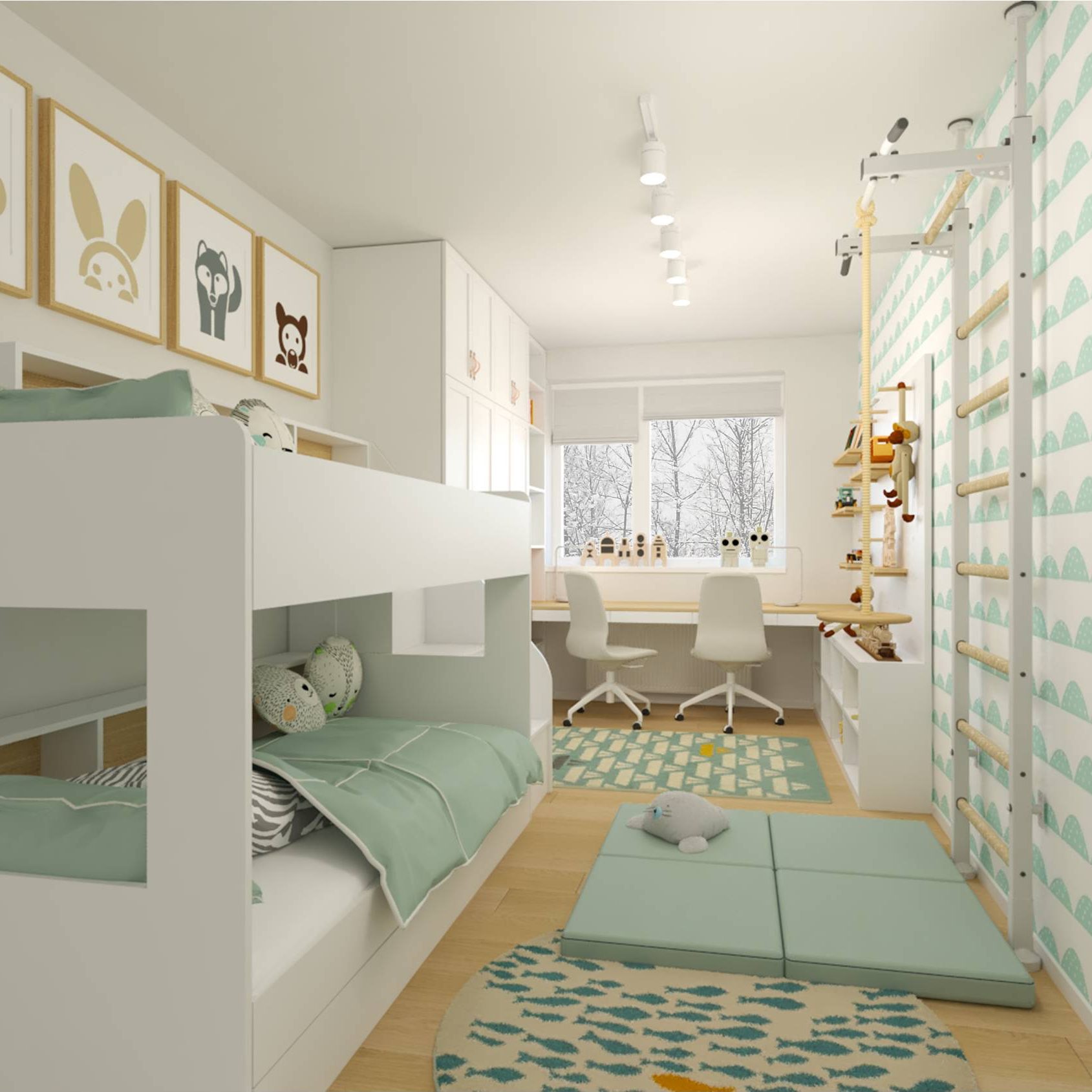 písací stolík pod oknom v izbe pre dve deti