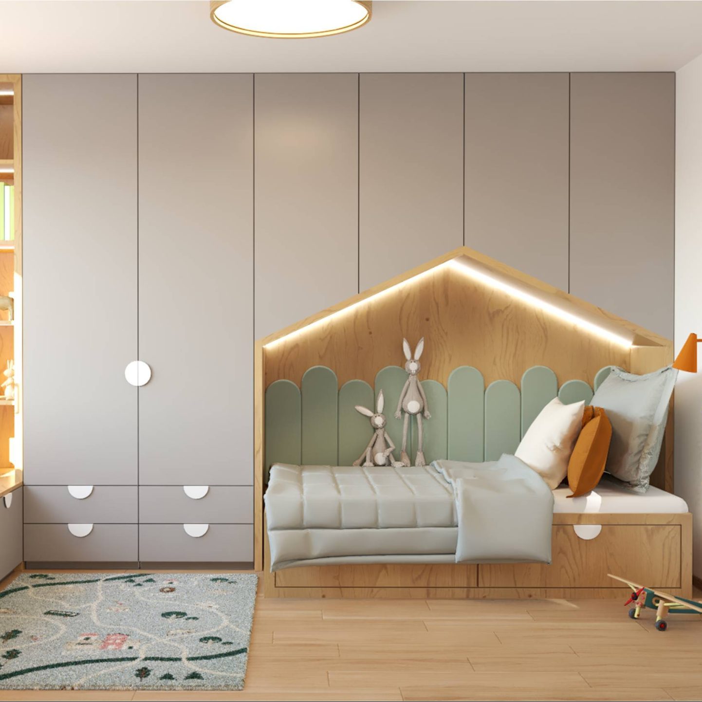 sivý nábytok v detskej izbe