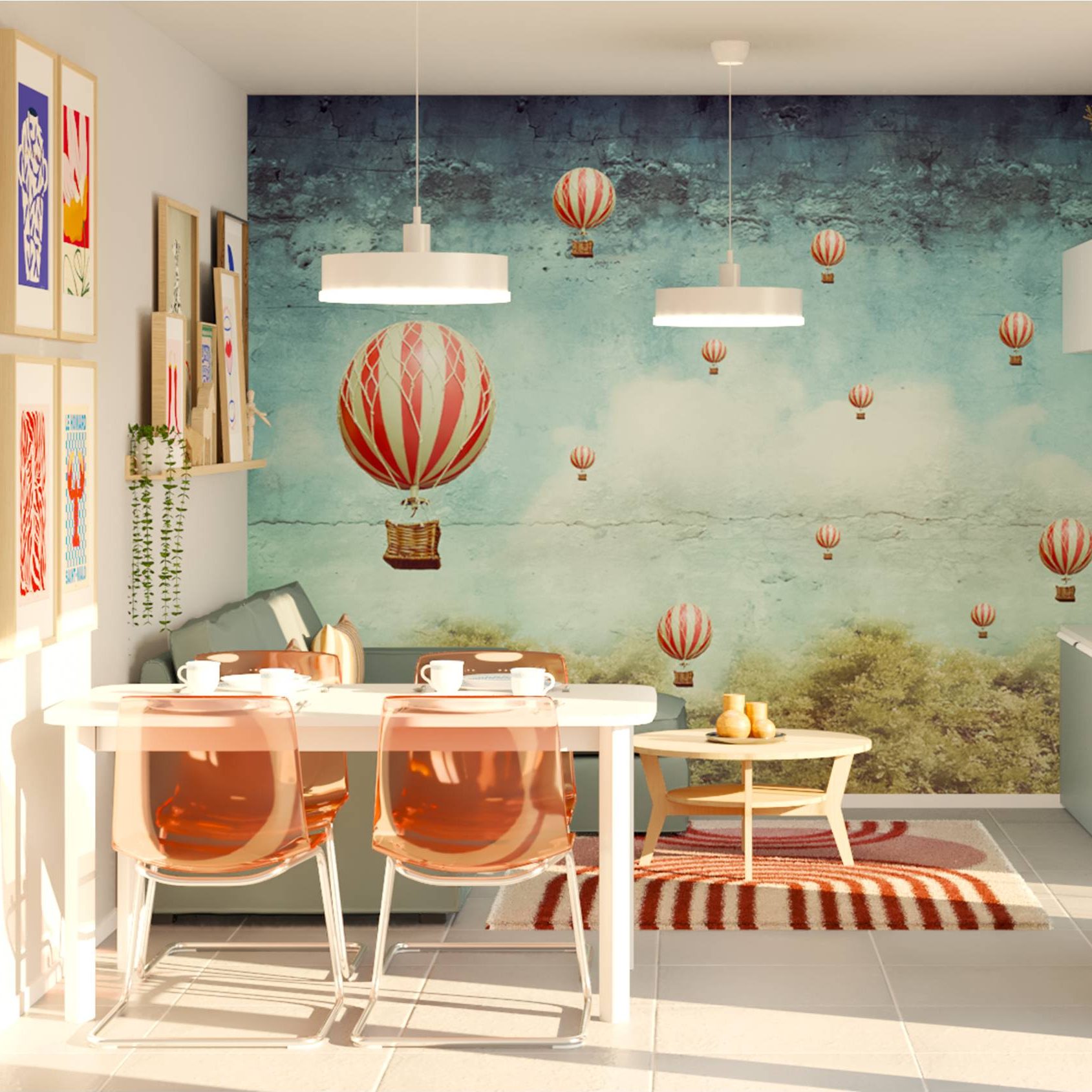 tapeta s balónmi a červene stoličky