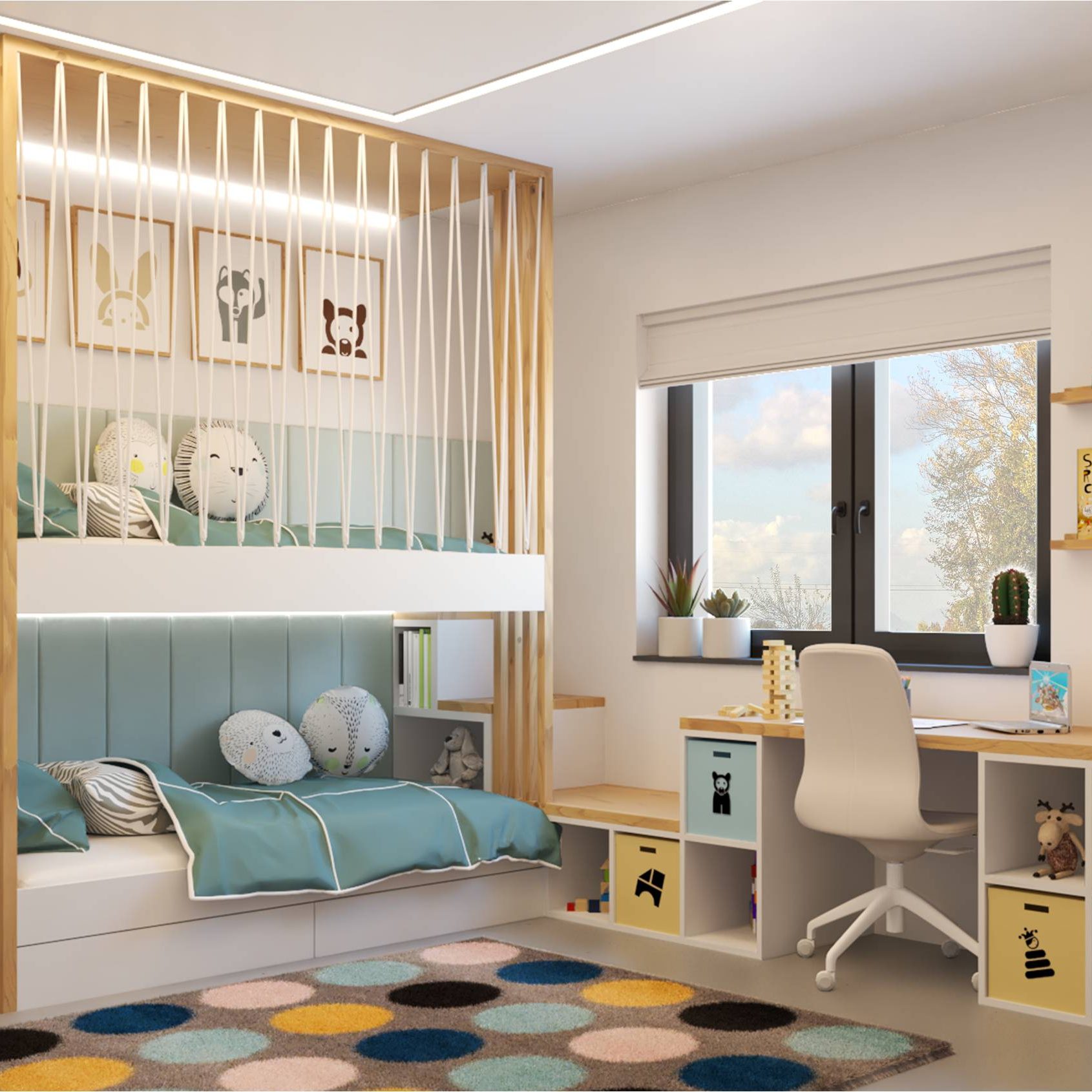 detská izba s poschodovou posteľou a schodikmi