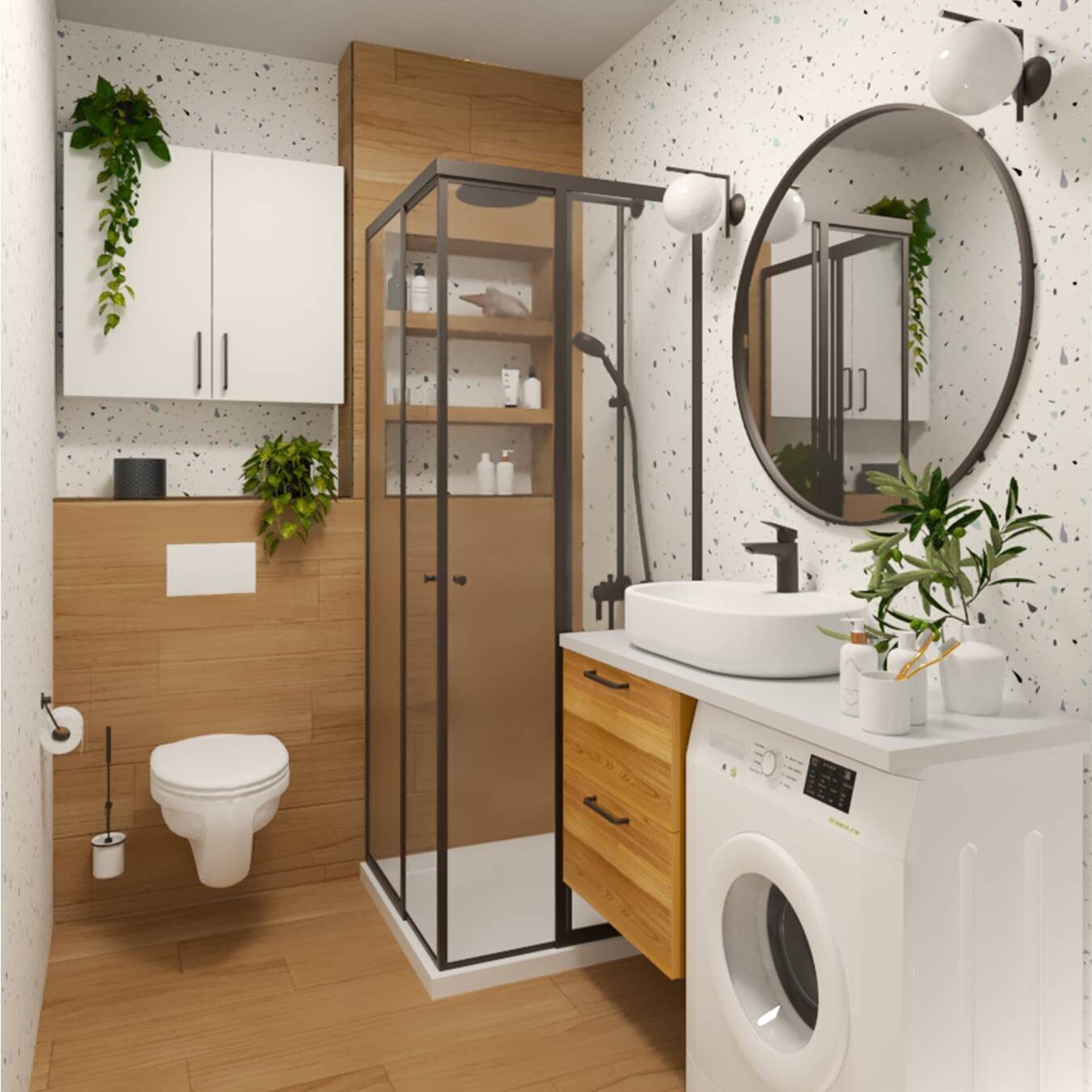 Moderná kúpeľňa v garsónke s praktickým riešením umiestnenia sprchy, toalety a práčky.